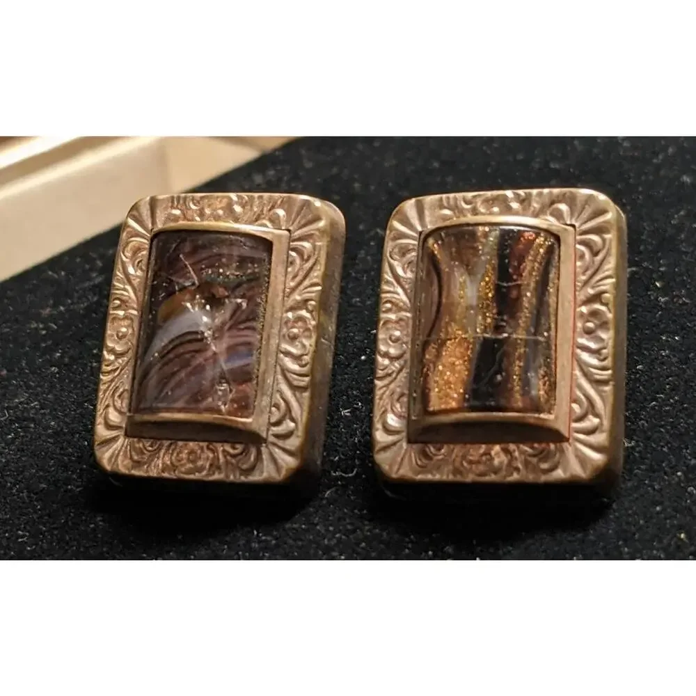 Vintage Chalcedony Cufflinks Purple Orange Golden Tone Floral Filigree Border